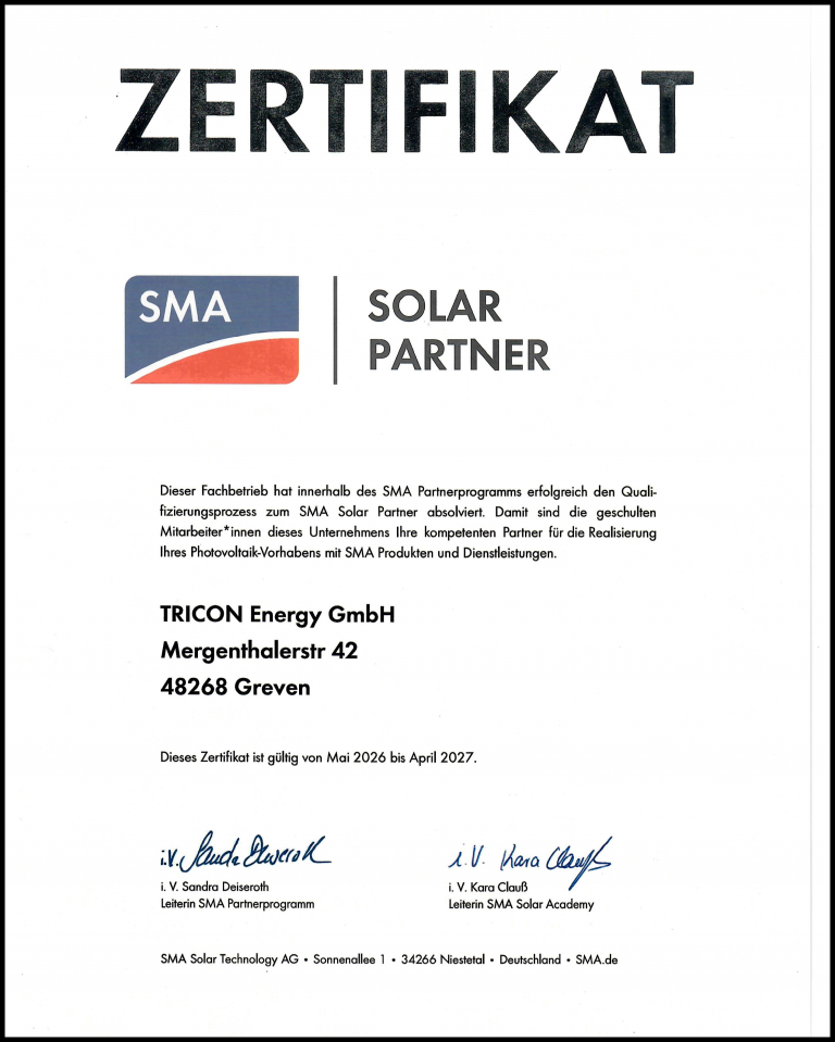 SMA Fachpartner Zertifikat TRICON Energy GmbH