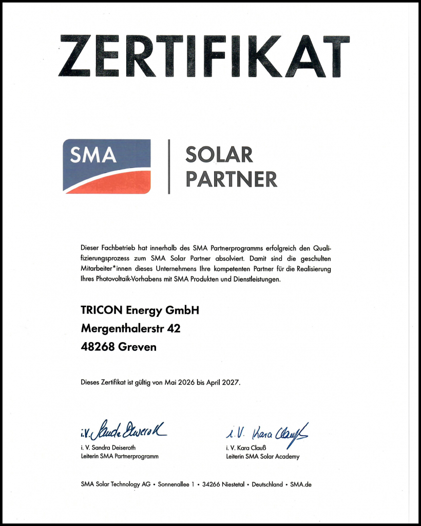 SMA Fachpartner Zertifikat TRICON Energy GmbH